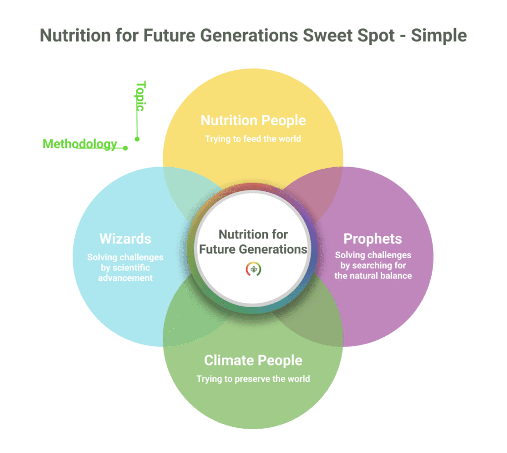 Visualisation of 2 basic approaches to ensure nutrition.
Y-axis: Nutrition vs Climate people
X-axis: Wizards (tech) vs. Prophets (natural balance) people
In the centre: The sweet spot where we'll find nutrition for our future generations.
